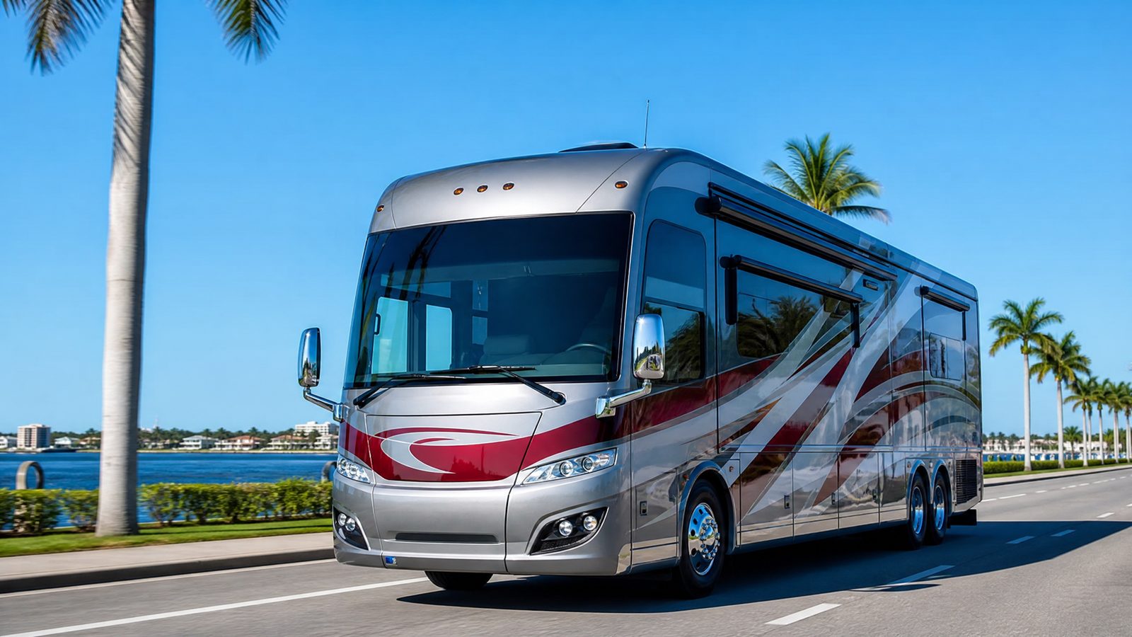 Class A diesel pusher motorhome on a Florida highway