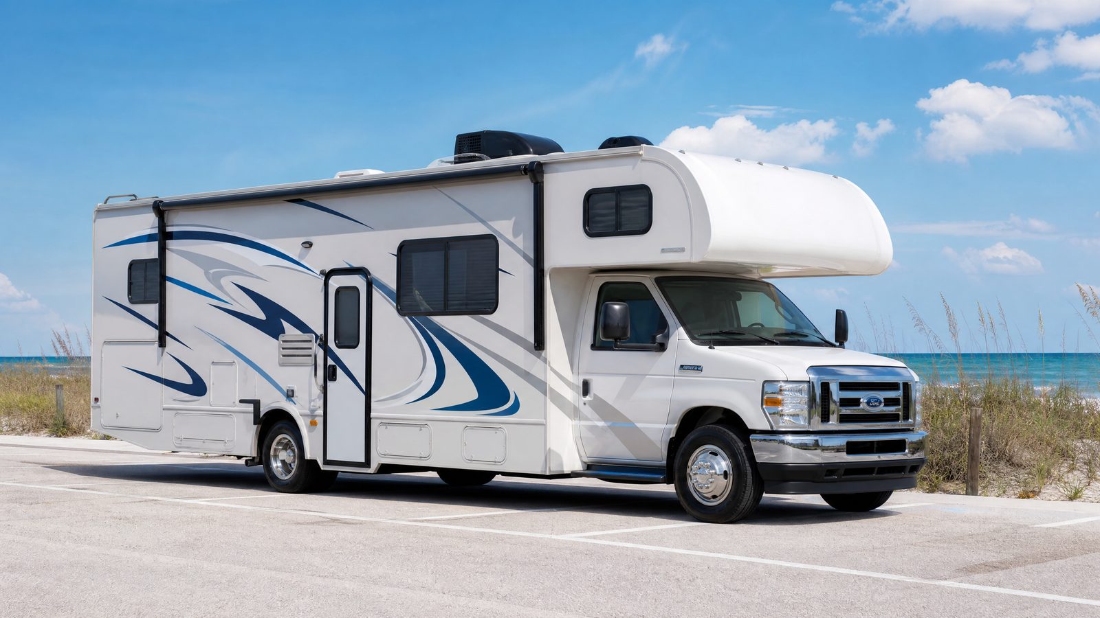 Class C motorhome parked near a Florida beach