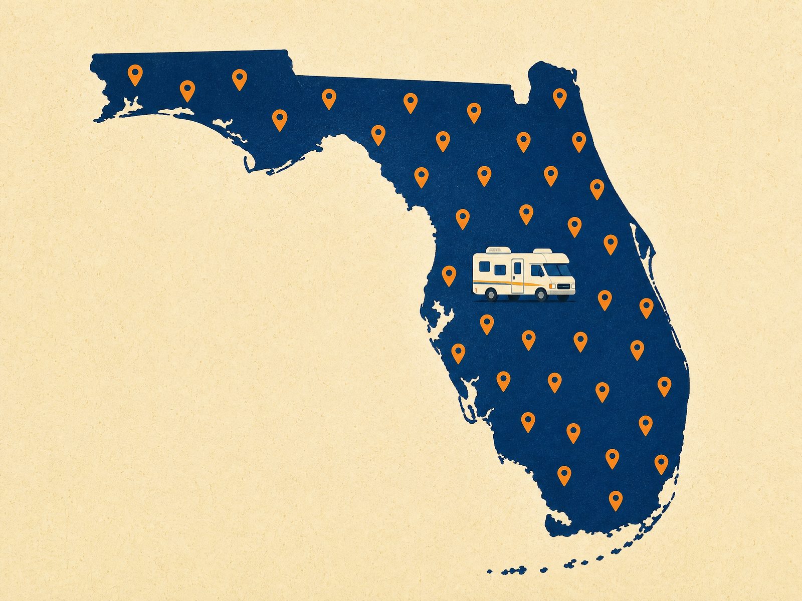 Illustrated map of Florida showing statewide RV pickup coverage