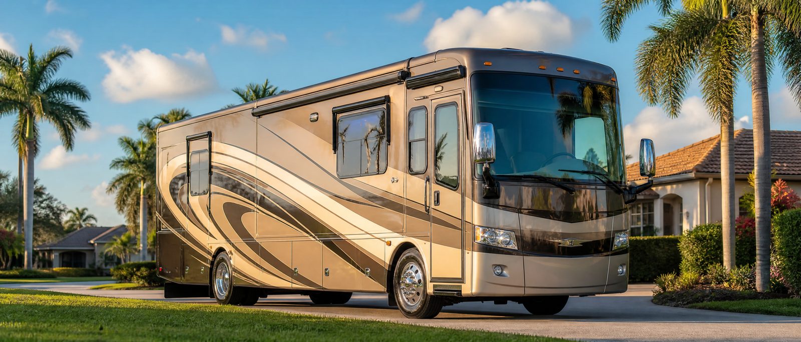 Class A motorhome parked in a Florida driveway lined with palm trees — RV Buyers Florida