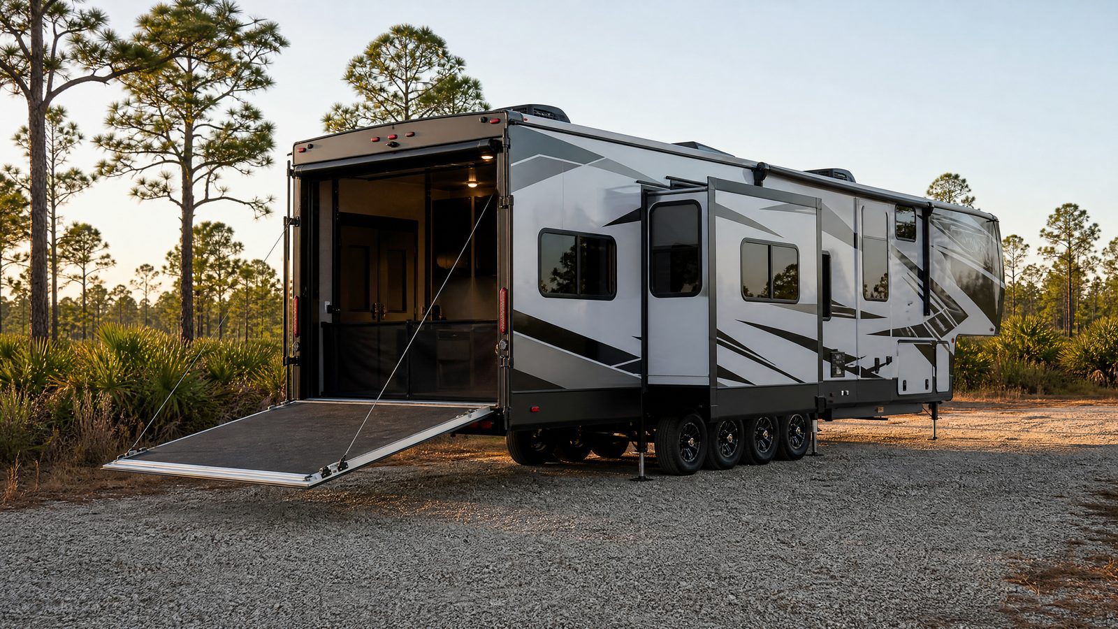 Toy hauler fifth wheel with the ramp door down and a golf cart inside