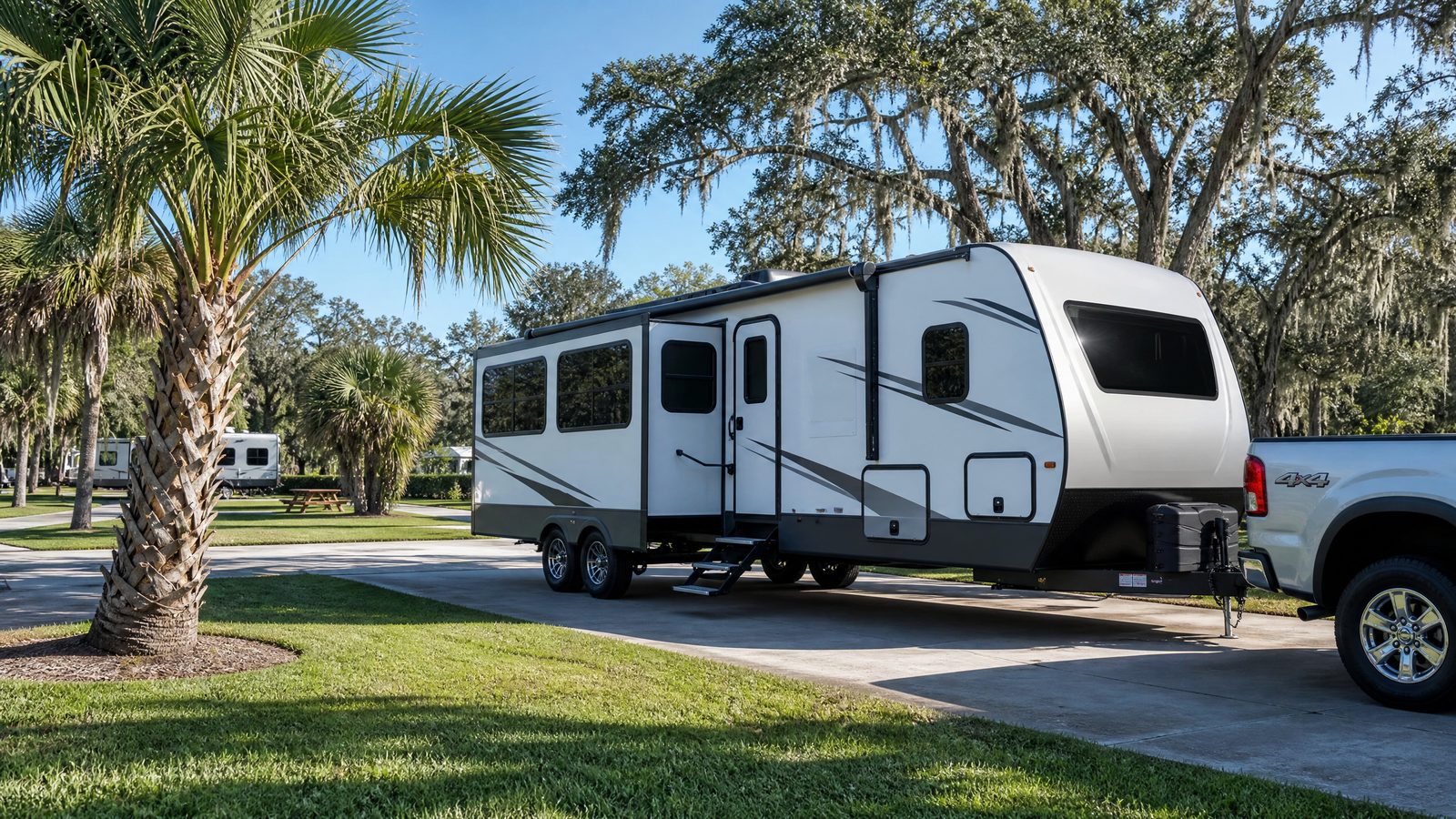 Travel trailer parked at a sunny Florida campground
